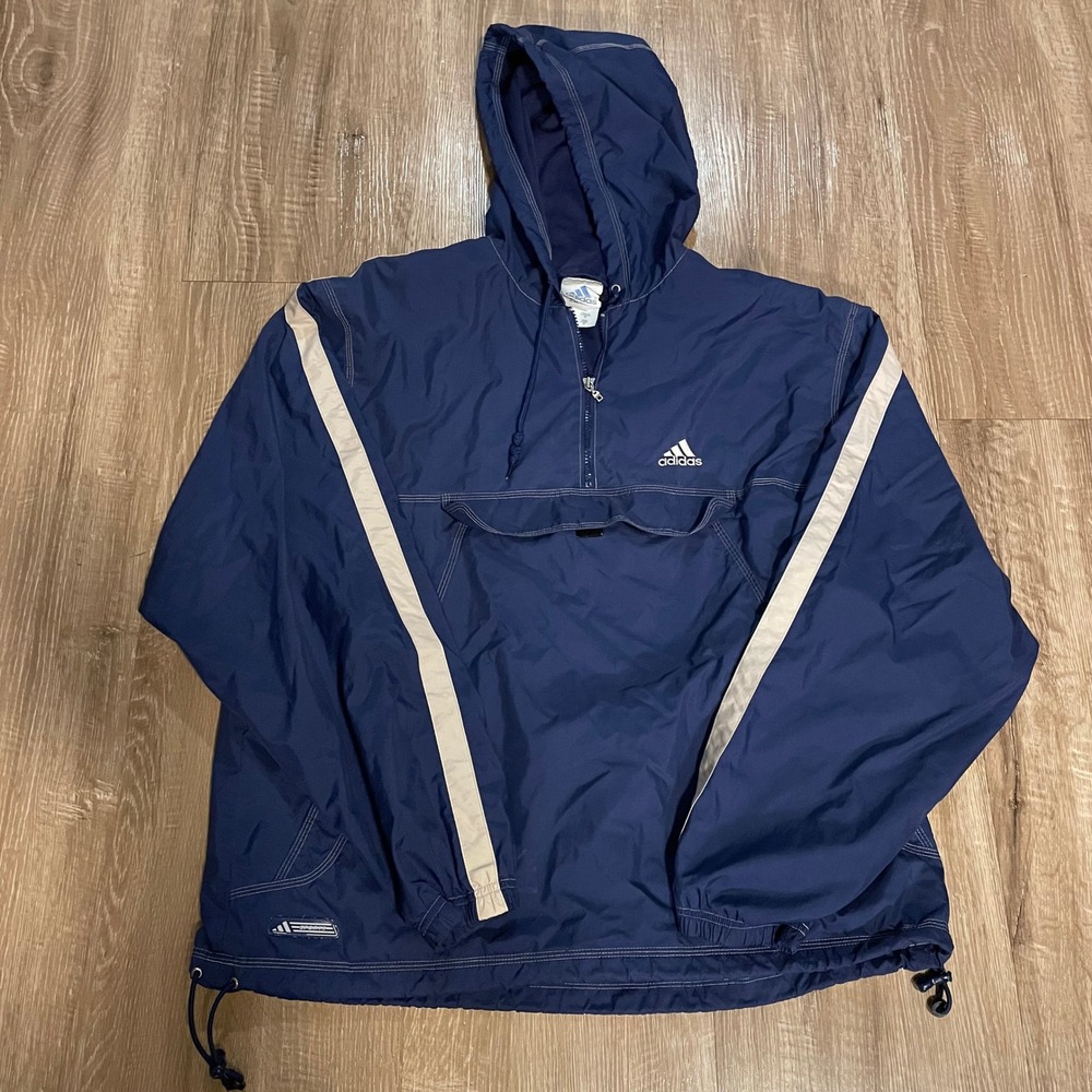 Adidas Mens Windbreaker Jacket Large Navy Blue Nylon Pullover Half Zip Vintage
